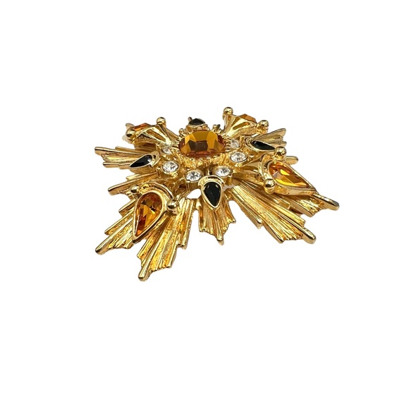 JOAN RIVERS STARBURST AMBER, GOLD & BLACK BROOCH - Picture 4 of 14